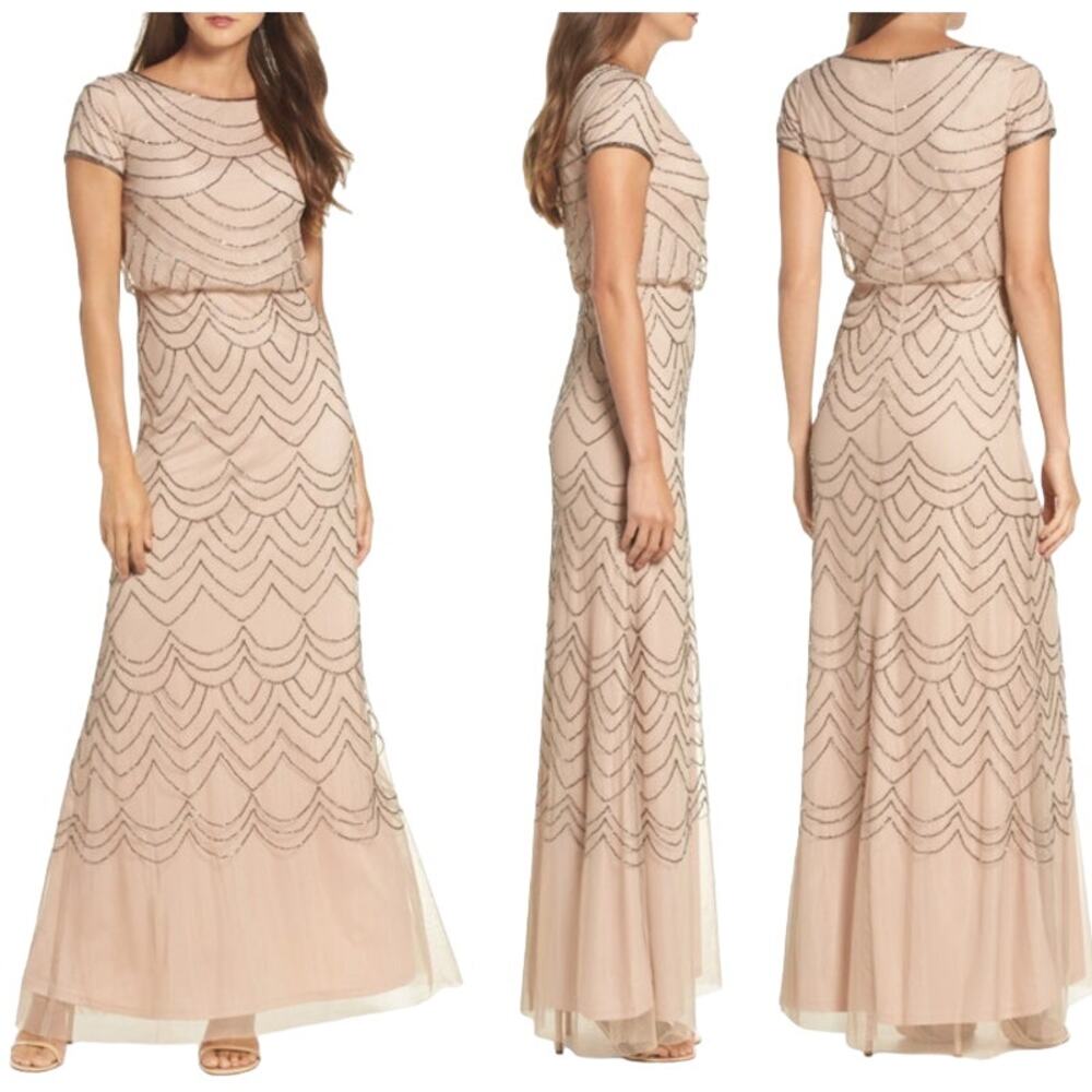 Adrianna Papell Beaded Mesh Blouson Gown Art Deco Cap Sleeve Light Nude Silver 2